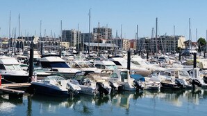 Un port de plaisance où sont amarrés divers bateaux, dans des eaux calmes.