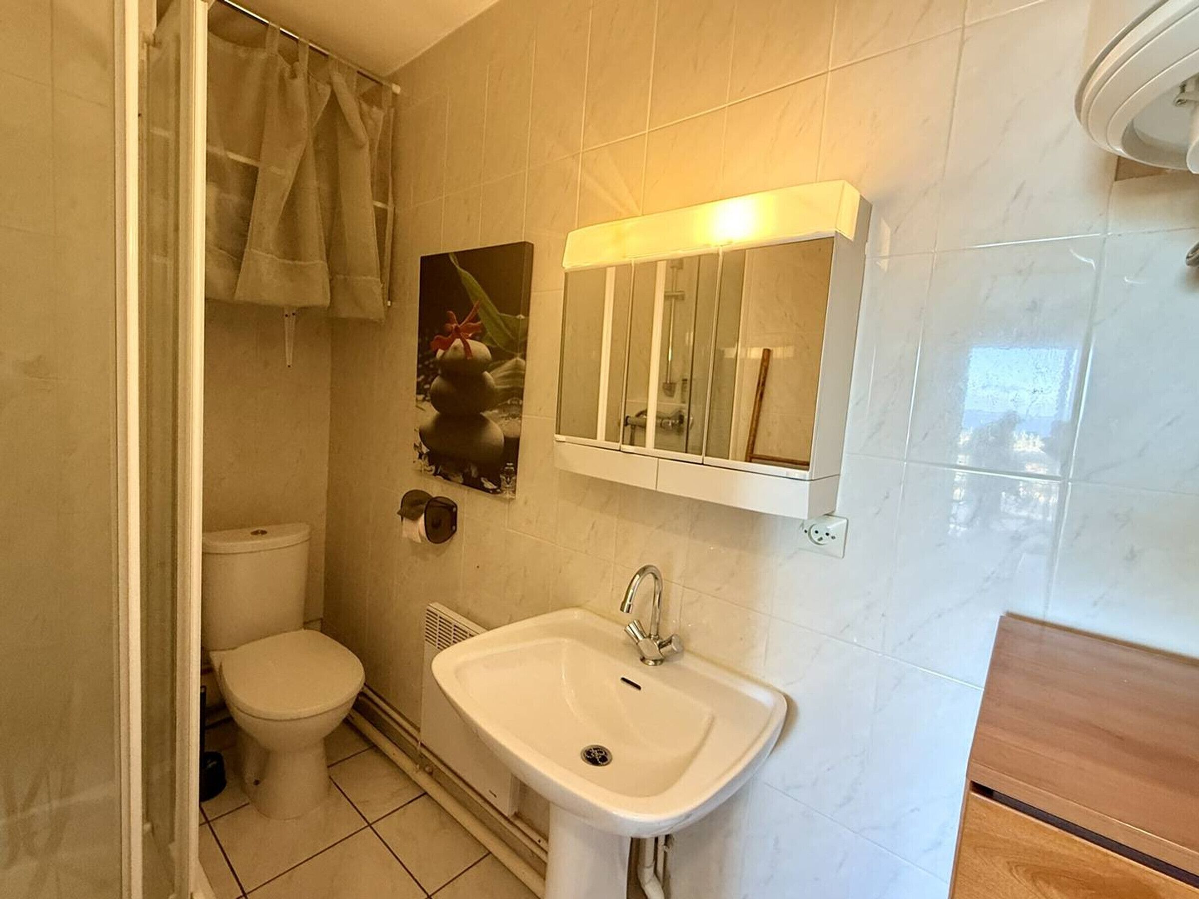 Une salle de bain comprenant des toilettes, un lavabo, une douche avec un rideau et un miroir.