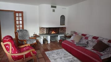 Televisie, een open haard en boeken