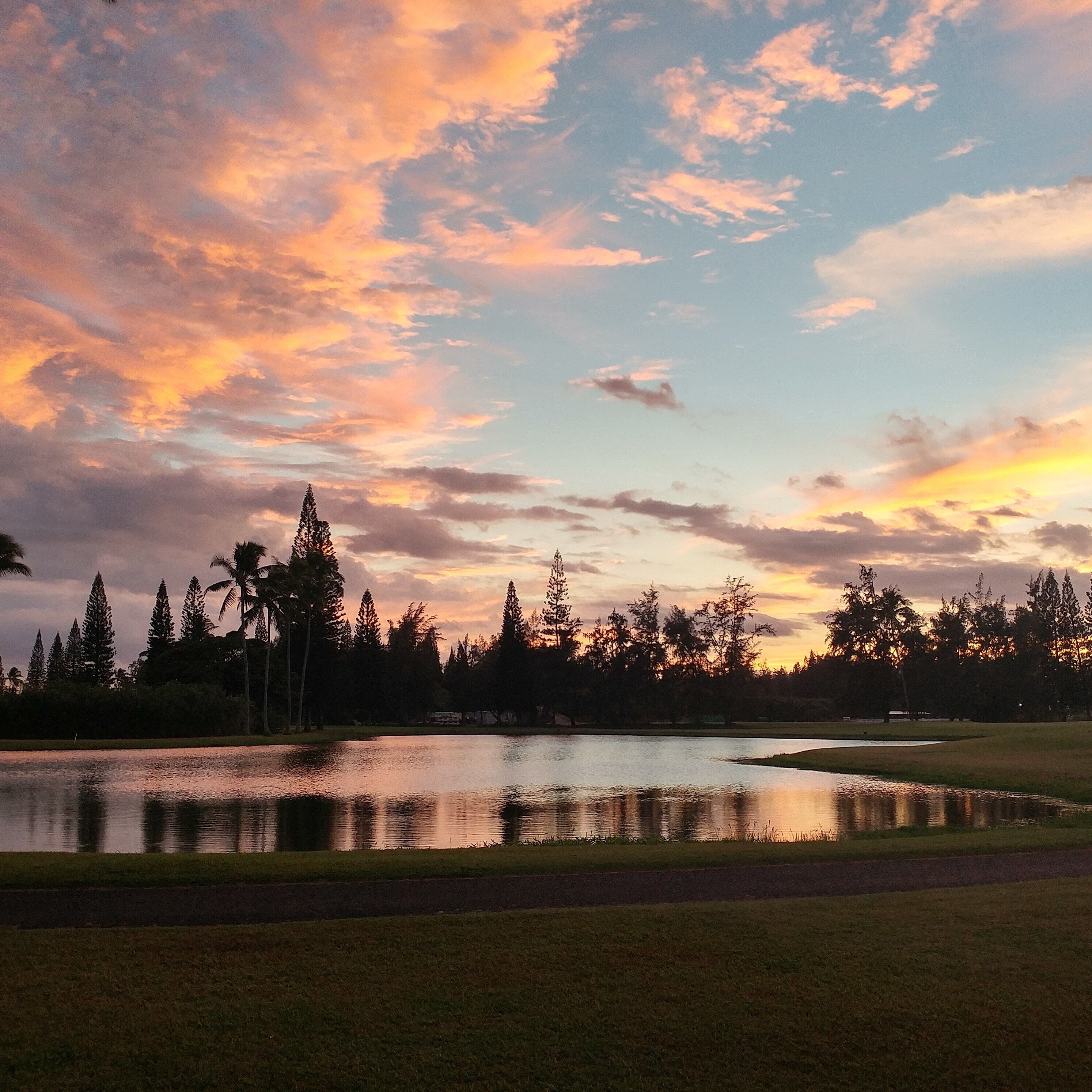 Ein friedlicher See bei Sonnenuntergang, umgeben von Bäumen und einem Golfplatz.