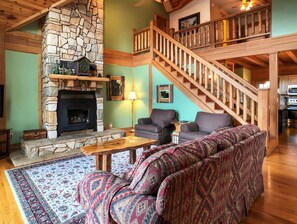 Smart TV, fireplace, books