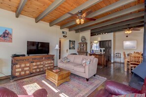 Smart TV, fireplace, DVD player, books