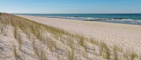 Vlak bij het strand, ligstoelen aan het strand