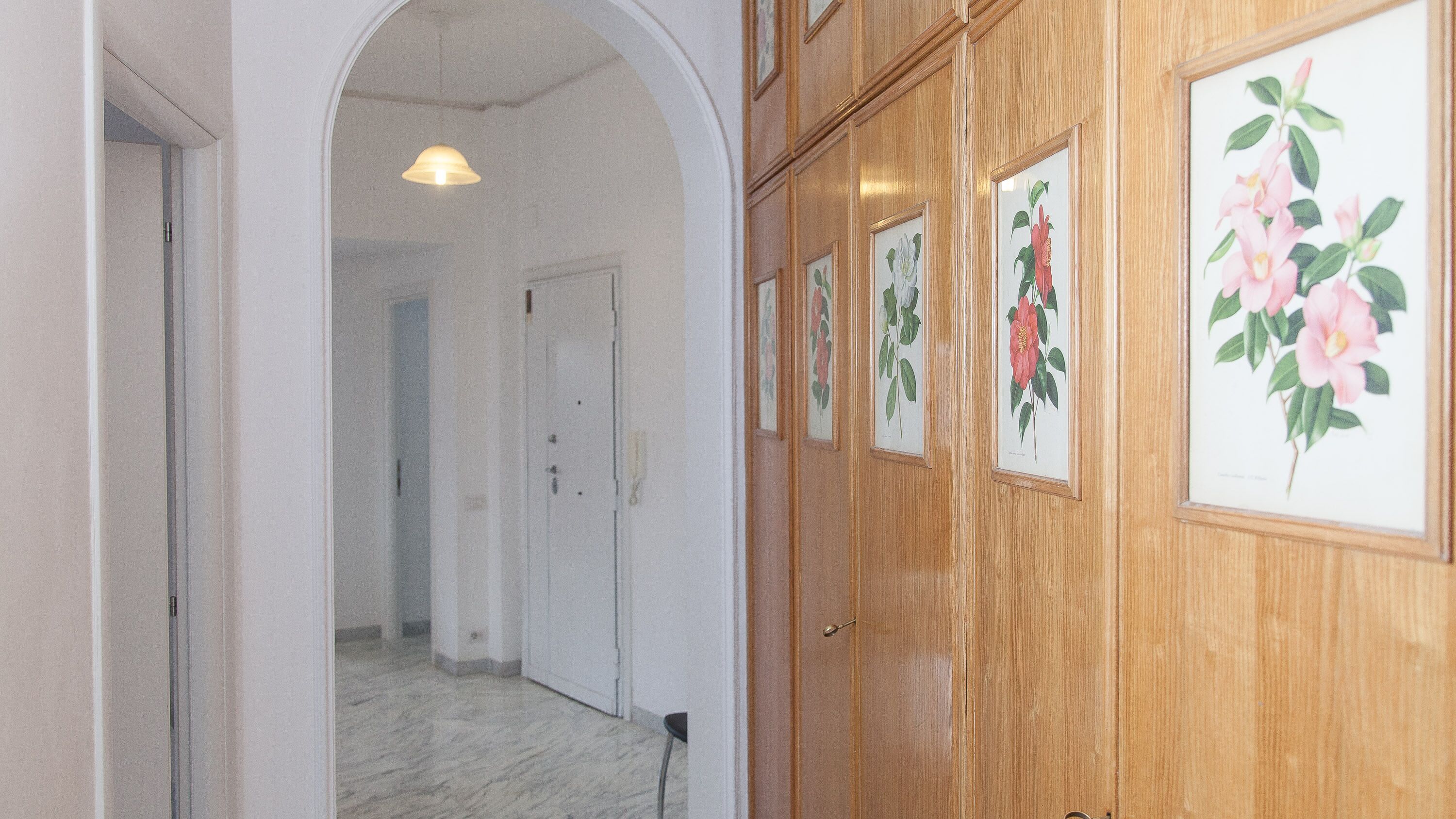 A hallway with wooden paneling and framed botanical prints on the wall.