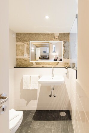 Bathtub, hair dryer, bidet, towels