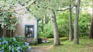 A rustic cabin with a wooden exterior and a green window trim, surrounded by lush greenery and trees. - Secluded Chatham Cape Cod House Stage Harbor Area (Chatham)