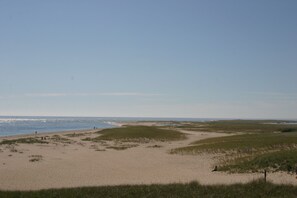 A coastal landscape with a sandy beach and grassy dunes.