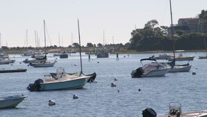 A marina with multiple boats docked, calm water, and a building in the background. - Secluded Chatham Cape Cod House Stage Harbor Area (Chatham)