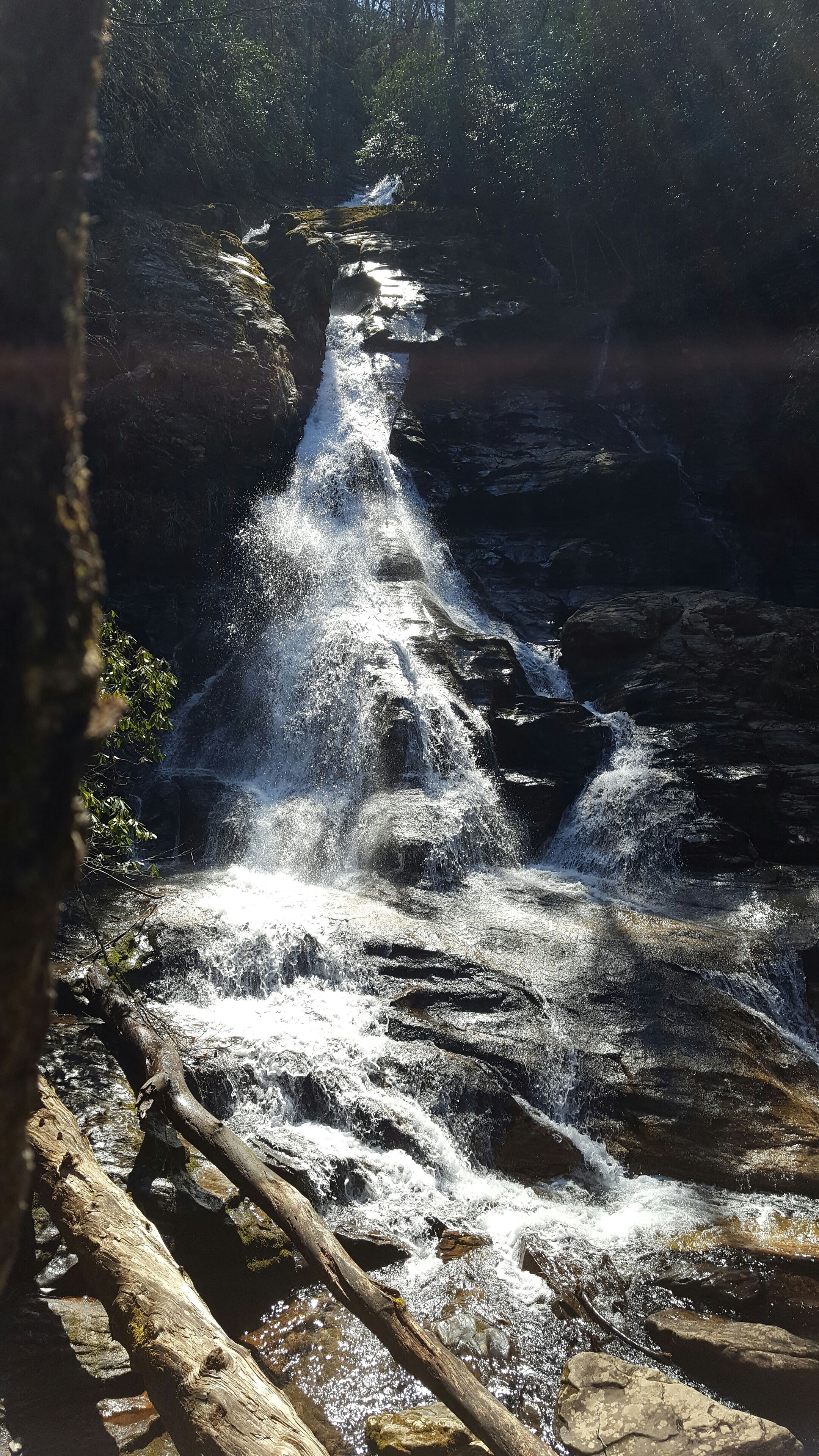 A waterfall cascading over rocks in a forested area.