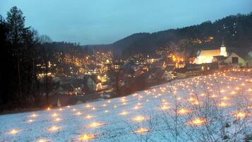 A snowy landscape with a village and a church.