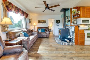 Smart TV, fireplace, DVD player, video library