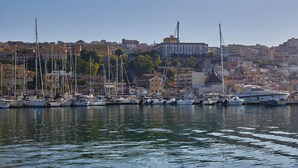 Una marina con diverse imbarcazioni ormeggiate, uno skyline urbano sullo sfondo e edifici con architetture diverse.