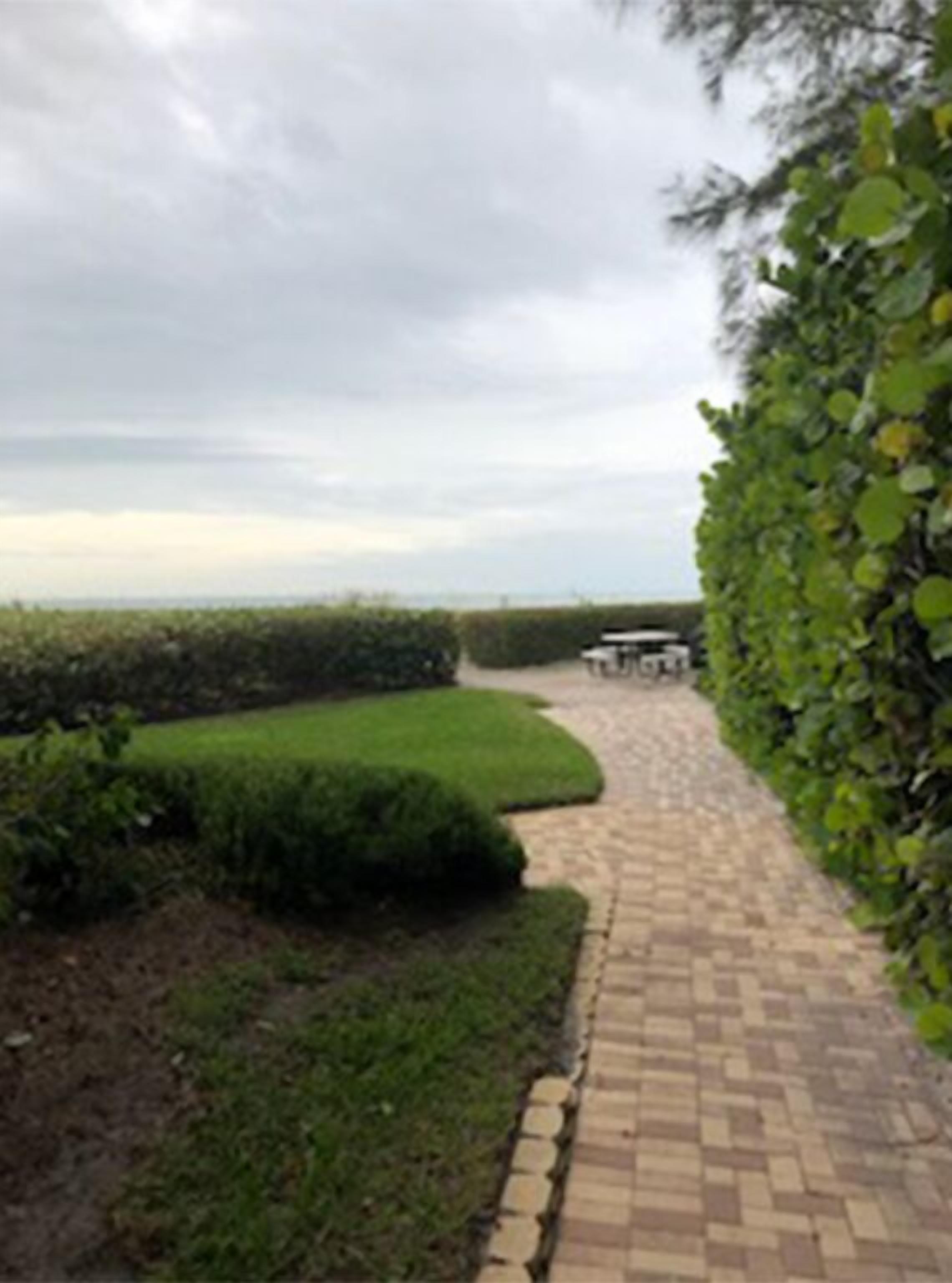 A paved pathway leading through a landscaped area with a hedge on one side and a neatly trimmed lawn on the other.