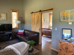 Smart TV, fireplace, DVD player, books