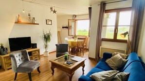 A living room with a blue sofa, a wooden coffee table, a grey armchair, a TV, and a dining area with a table and chairs. - Charming apartment with vineyard view (Riquewihr)