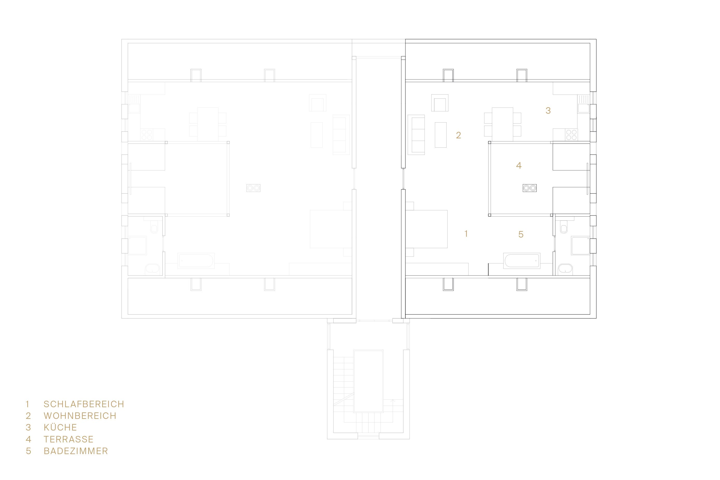 A floor plan with labeled areas: 1. bedroom, 2. living area, 3. kitchen, 4. terrace, 5. bathroom.