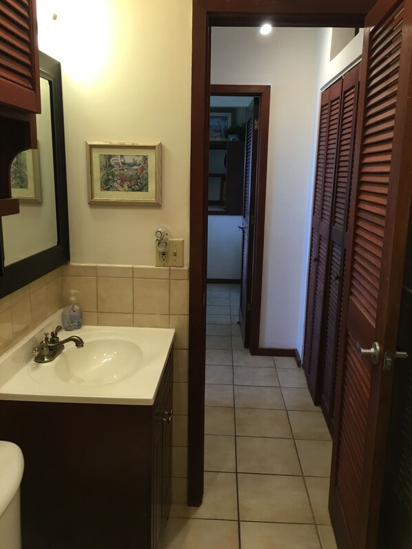 A bathroom with a sink, mirror, and a framed picture on the wall. - Ocean Garden-WINTER STORM SALE- Oceanview -Private Hot Tub for 2 (St John)