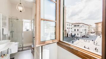 Combined shower/tub, hair dryer, bidet, towels