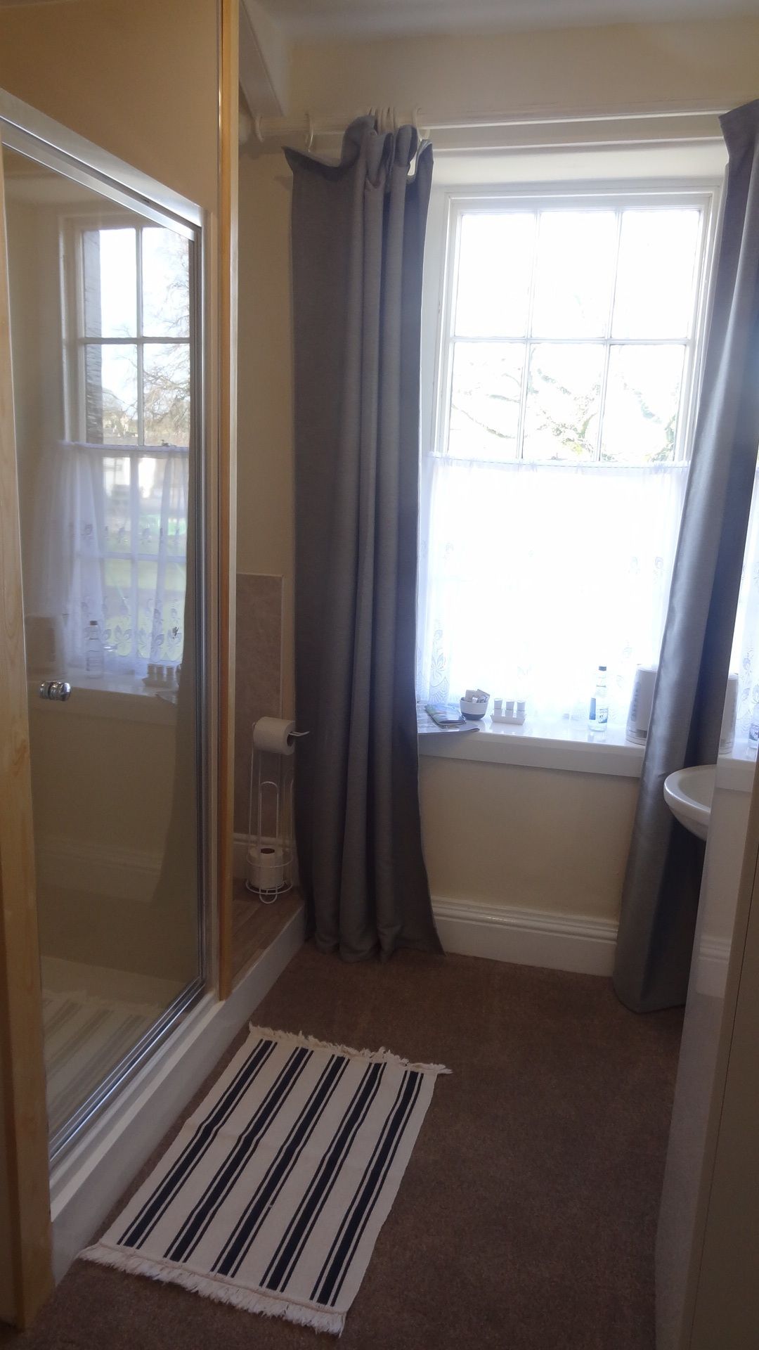 A bathroom with a glass shower door, a window with curtains, a striped rug, and a toilet.