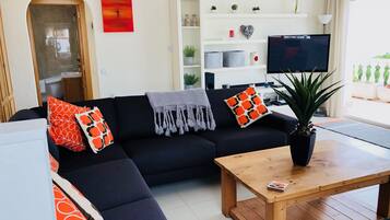 Een smart-tv, een dvd-speler, een tafeltennistafel en een stereo