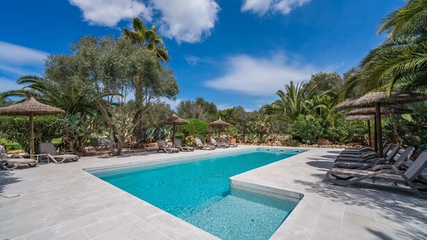 A rectangular swimming pool with clear blue water, surrounded by lounge chairs and thatched umbrellas, set against a backdrop of trees and a clear sky. - CAN PINA - ECO REDONDA 2 - Apartment with shared pool in Costitx. Free WiFi (Costitx)