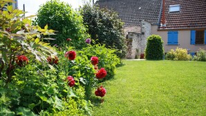 A well-maintained garden with vibrant red flowers and a neatly trimmed lawn, leading to a traditional house with a tiled roof and blue shutters. - country holiday home - in Champagne - Trélou sur Marne (Trélou-Sur-Marne)
