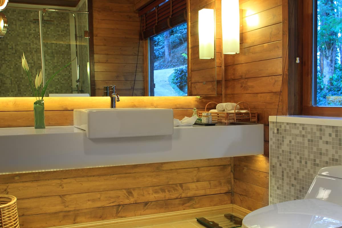 shower, rainfall showerhead, free toiletries, hair dryer