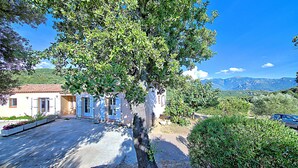 Una casa con camino de entrada pavimentado, un árbol en el frente y un paisaje montañoso al fondo.