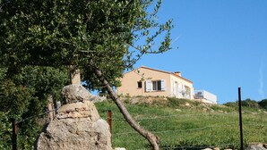 Una casa en una colina con un muro de piedra y un árbol en primer plano.