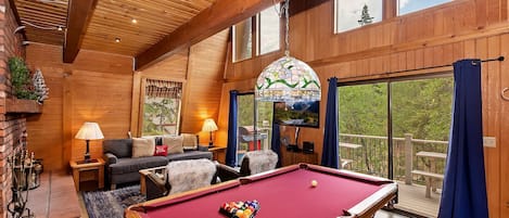 Télévision à écran plat, cheminée, lecteur de DVD, chaîne hi-fi