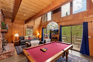 Télévision à écran plat, cheminée, lecteur de DVD, chaîne hi-fi