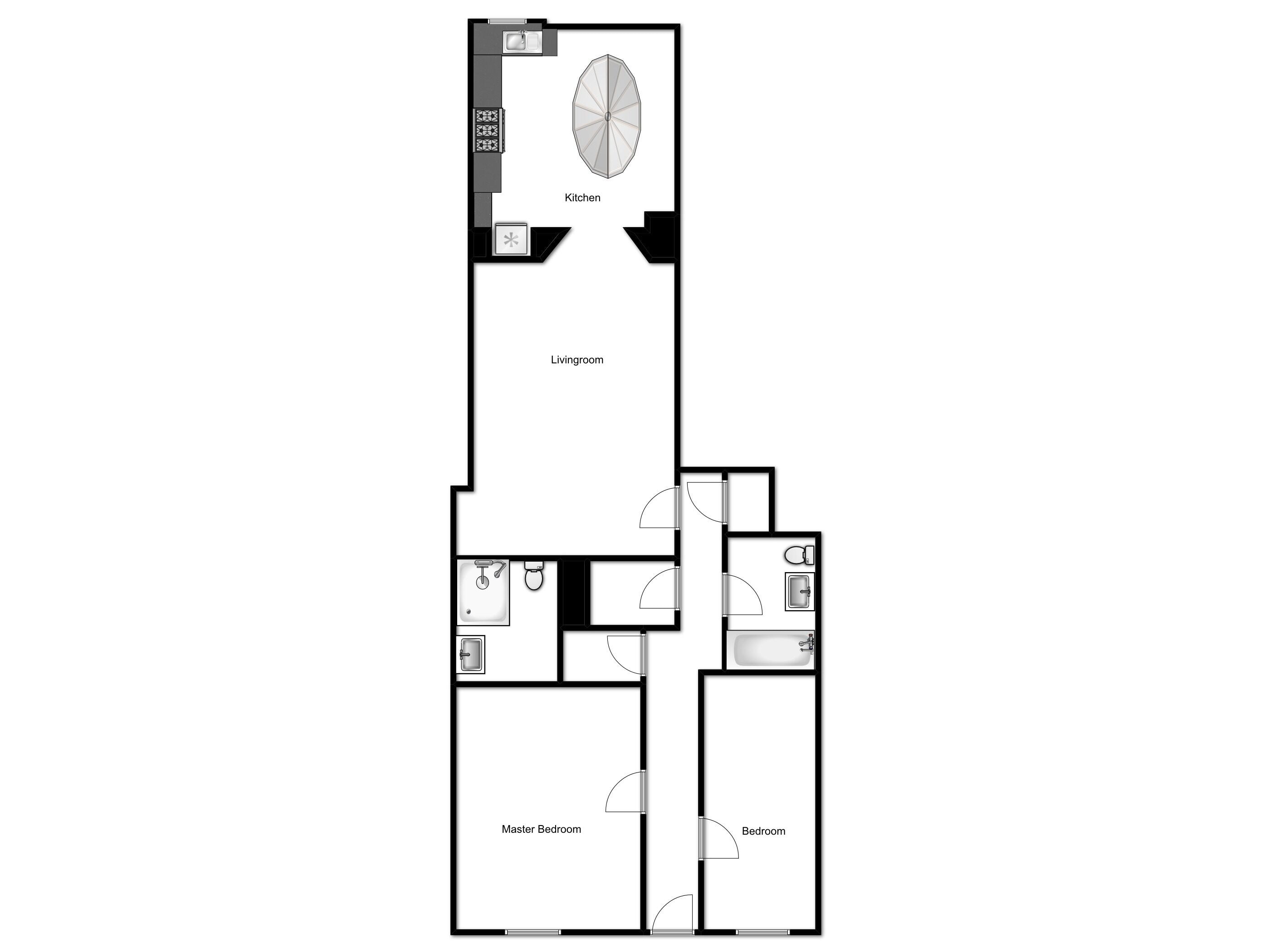 Plano de planta que muestra una cocina, sala de estar, habitación principal y dos habitaciones adicionales.