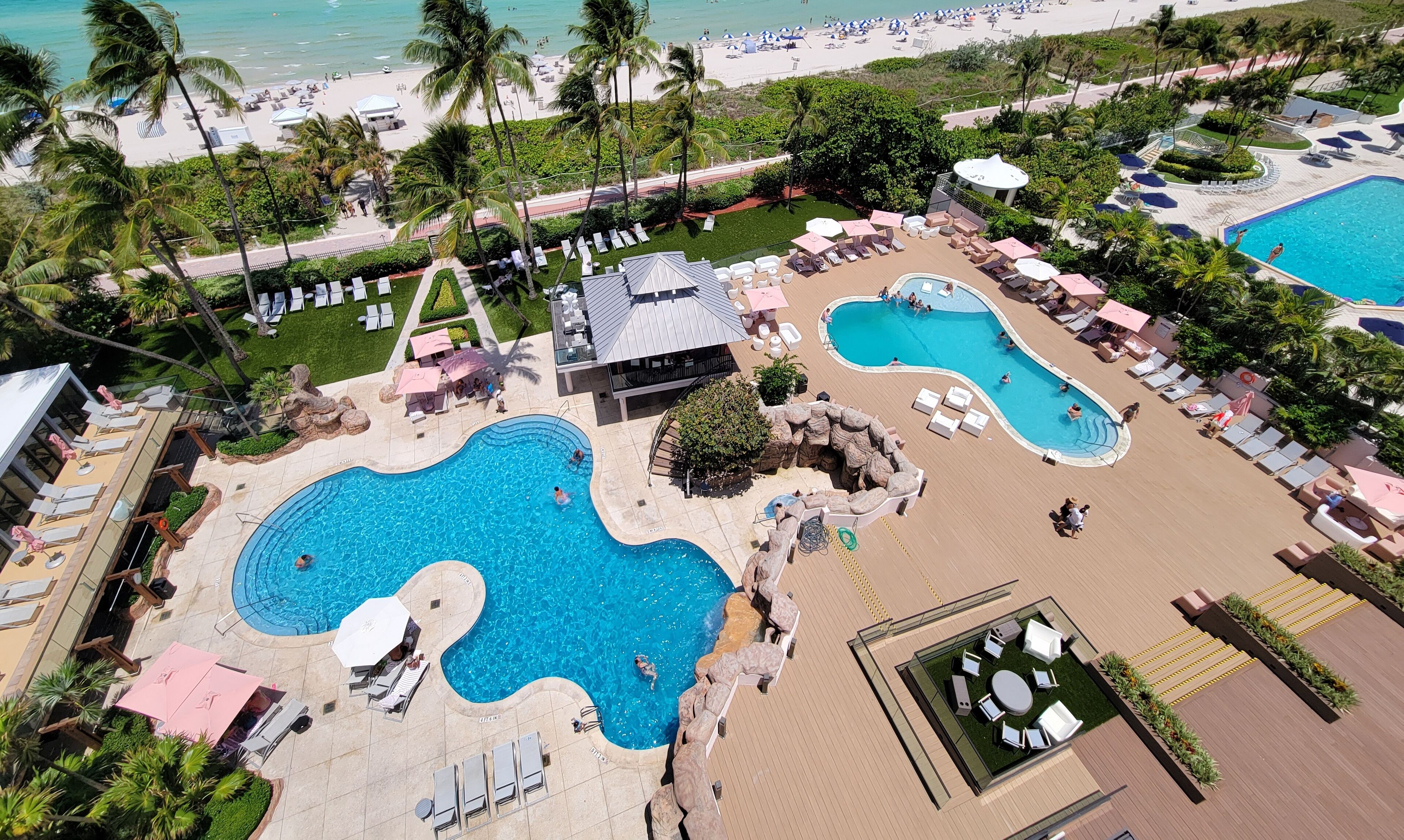 A heated pool, pool umbrellas