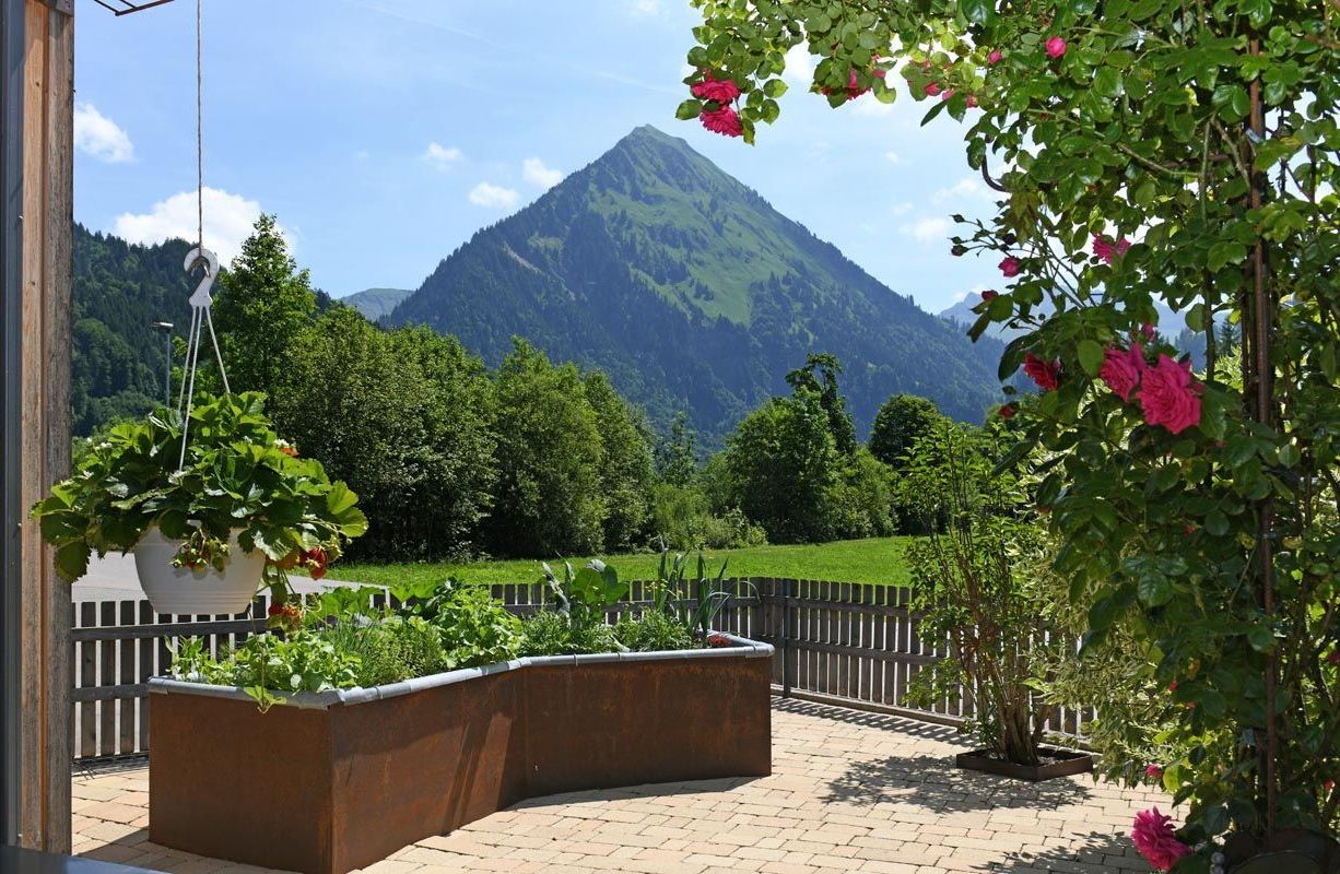Ein Garten mit einer Holzpergola, einem großen Pflanzgefäß und Blick auf einen Berg.