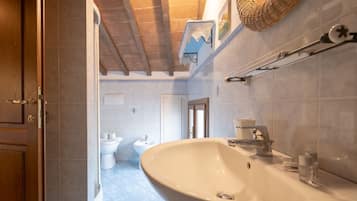 Bathtub, hair dryer, bidet, towels