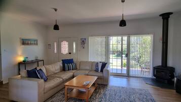 Smart TV, fireplace, DVD player, books