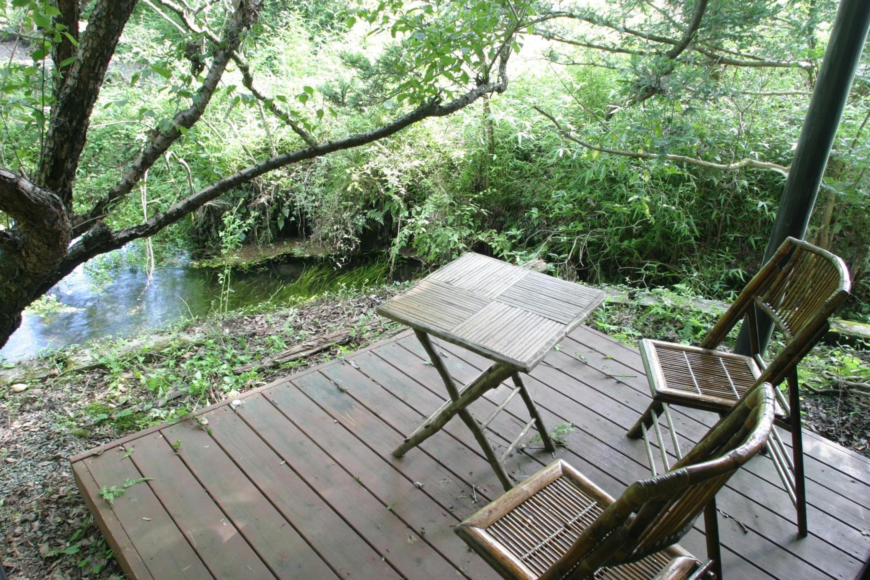A wooden deck with a table and two chairs, surrounded by dense greenery and a body of water.