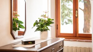 Un comò in legno con specchio, una pianta in vaso e un piccolo dispositivo elettronico.