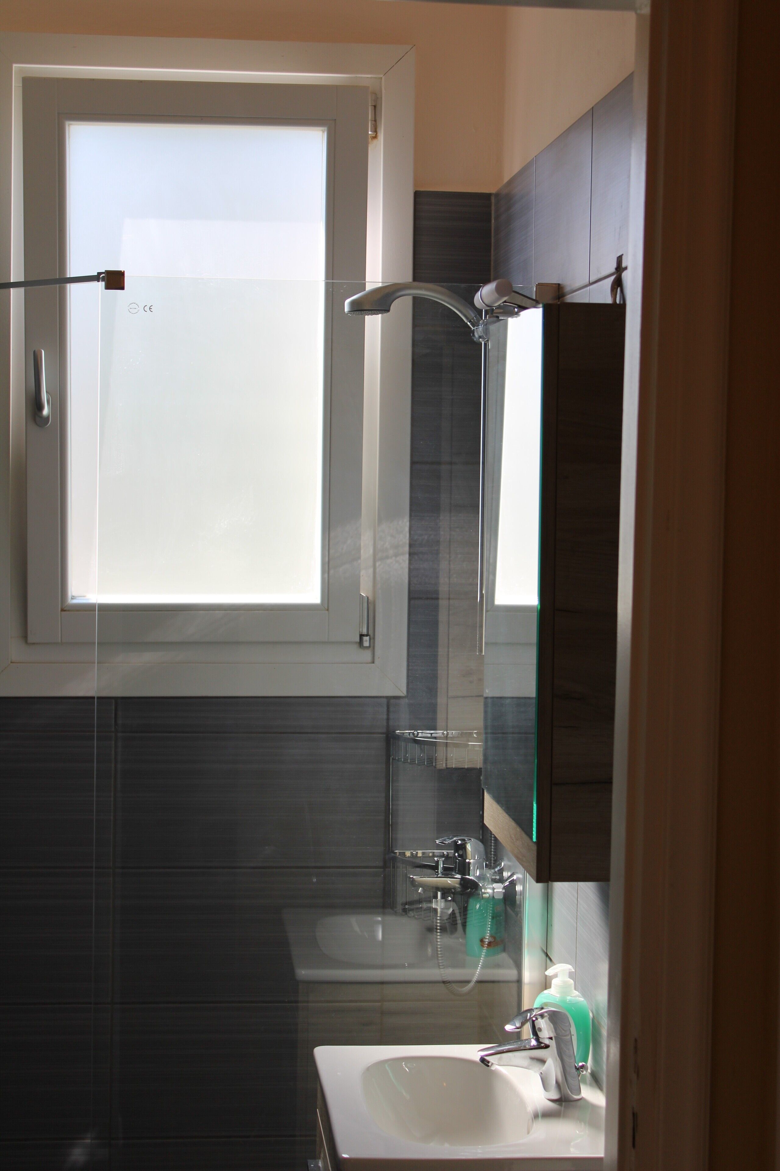 Een moderne badkamer met een groot raam, een wastafel, een spiegel en een douche.