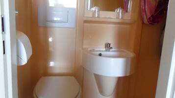 Een kleine badkamer met toilet, wastafel en spiegel.