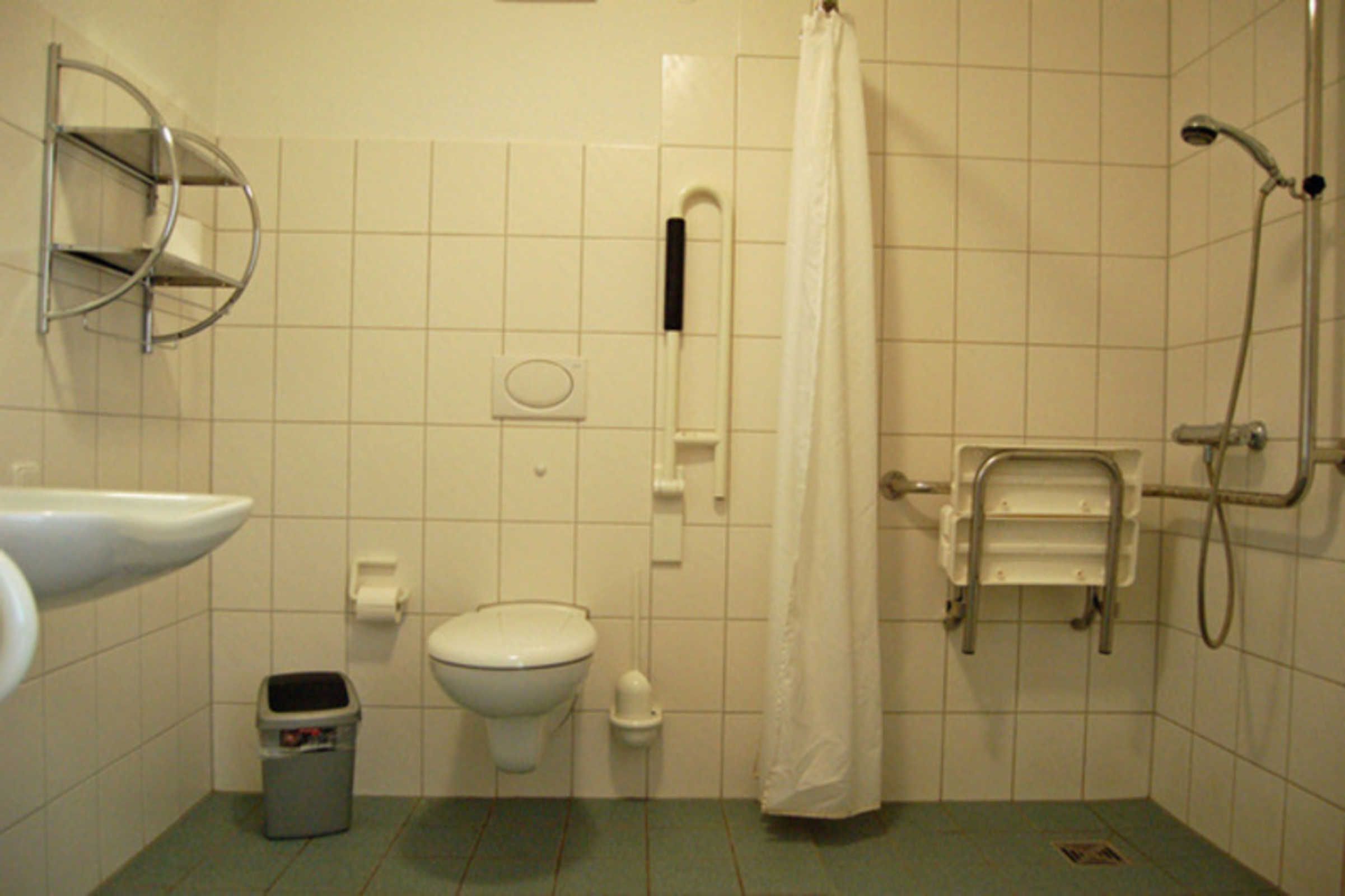 A bathroom with a toilet, sink, shower, and grab bars.