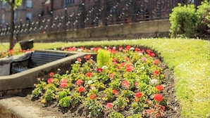 A church with a tall tower and a garden with colorful flowers in front. - Kelpies Serviced Apartments (Falkirk)