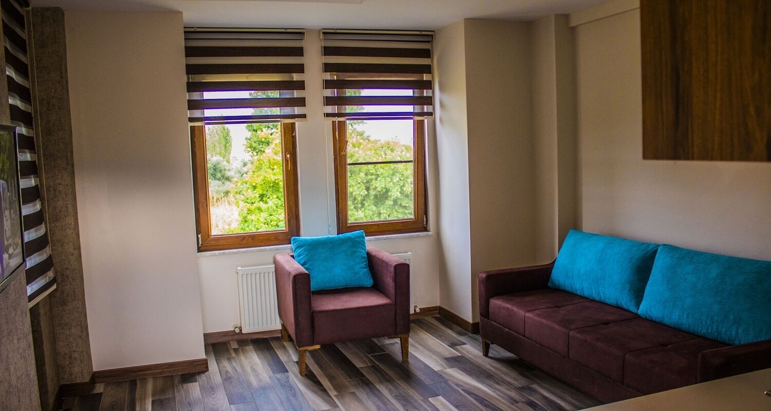 A room with a brown sofa, a red armchair, and a window with blinds.