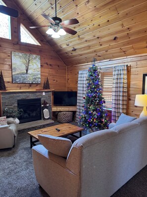 Una Smart TV, una chimenea, libros