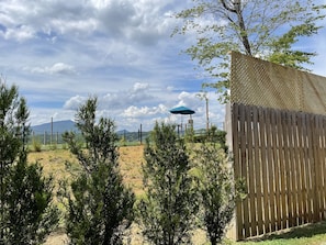 Guests can enjoy an outdoor space with a tree-lined view.