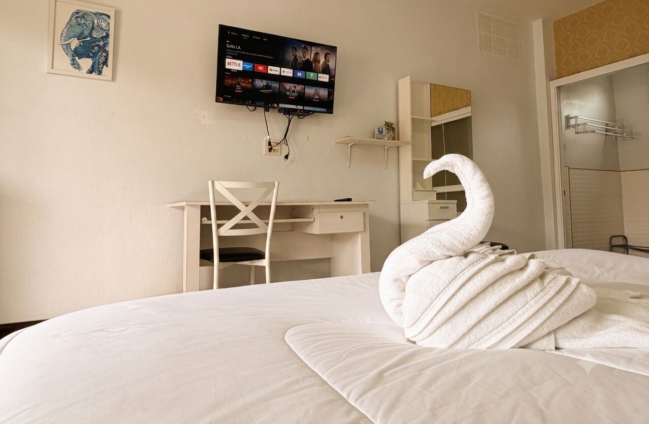 A hotel room with a bed, a desk, a chair, a TV mounted on the wall, and a shower area.