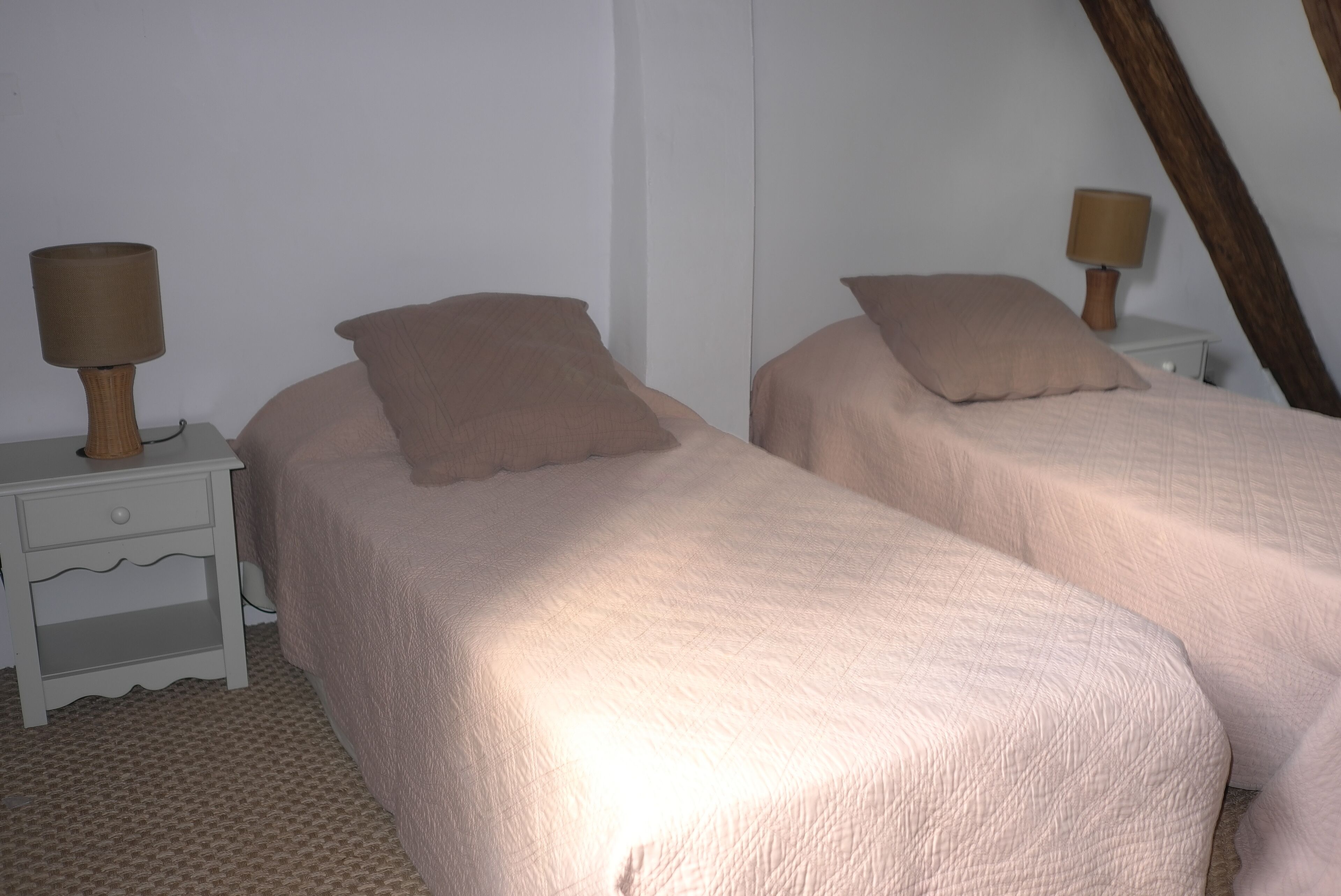 Une chambre avec deux lits, chacun agrémenté d’un oreiller assorti et d’une table de chevet, ainsi que d’une lampe de chaque côté.