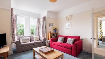 Smart TV, fireplace, DVD player, books