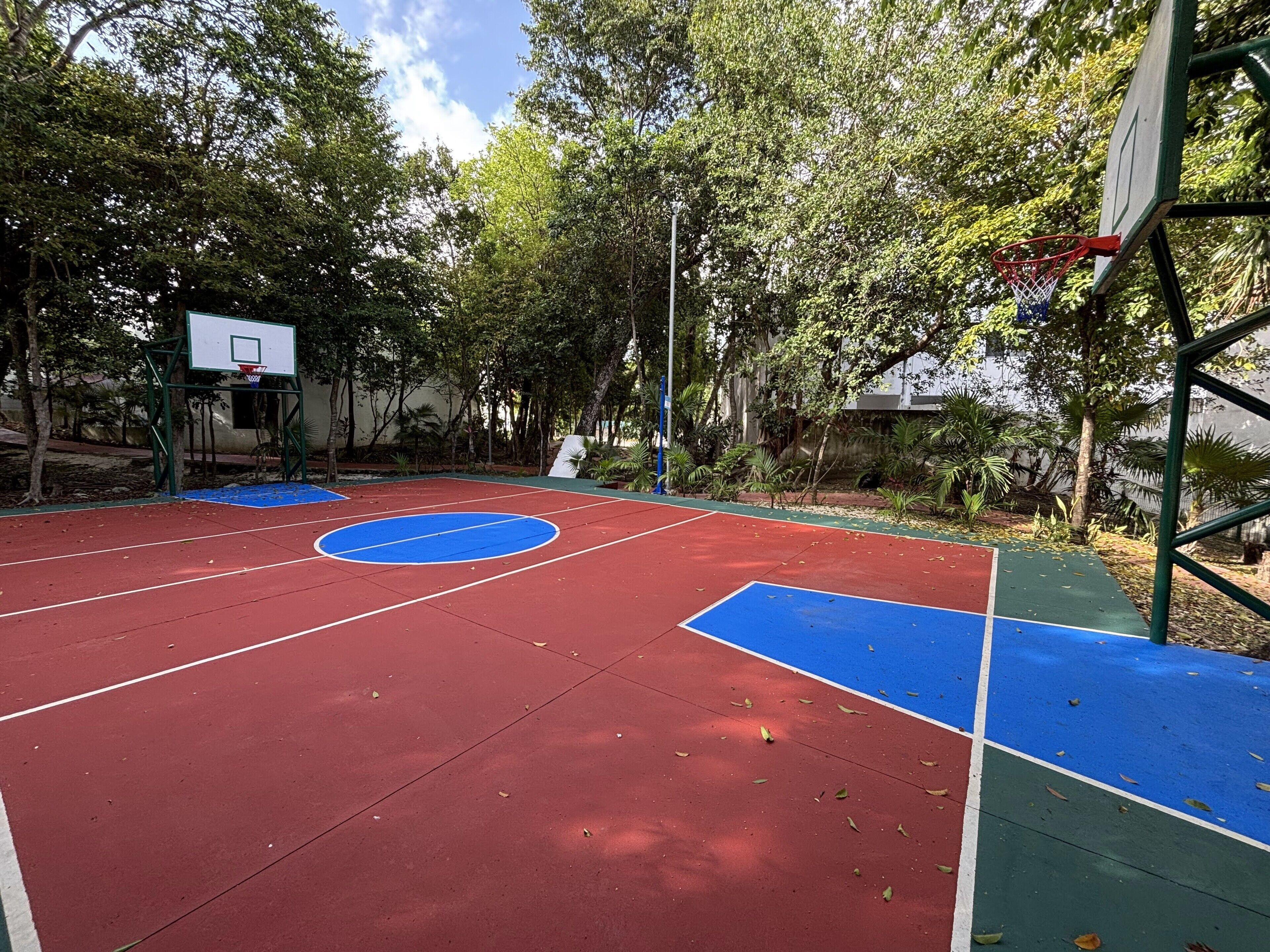 Un campo da basket all'aperto con una superficie di gioco rossa e blu, circondato da alberi e vegetazione.