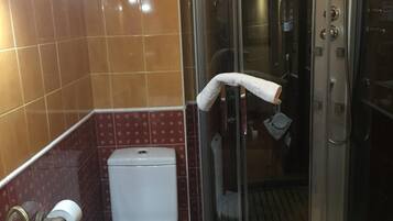 A bathroom with a glass-enclosed shower, a toilet, and a sink.